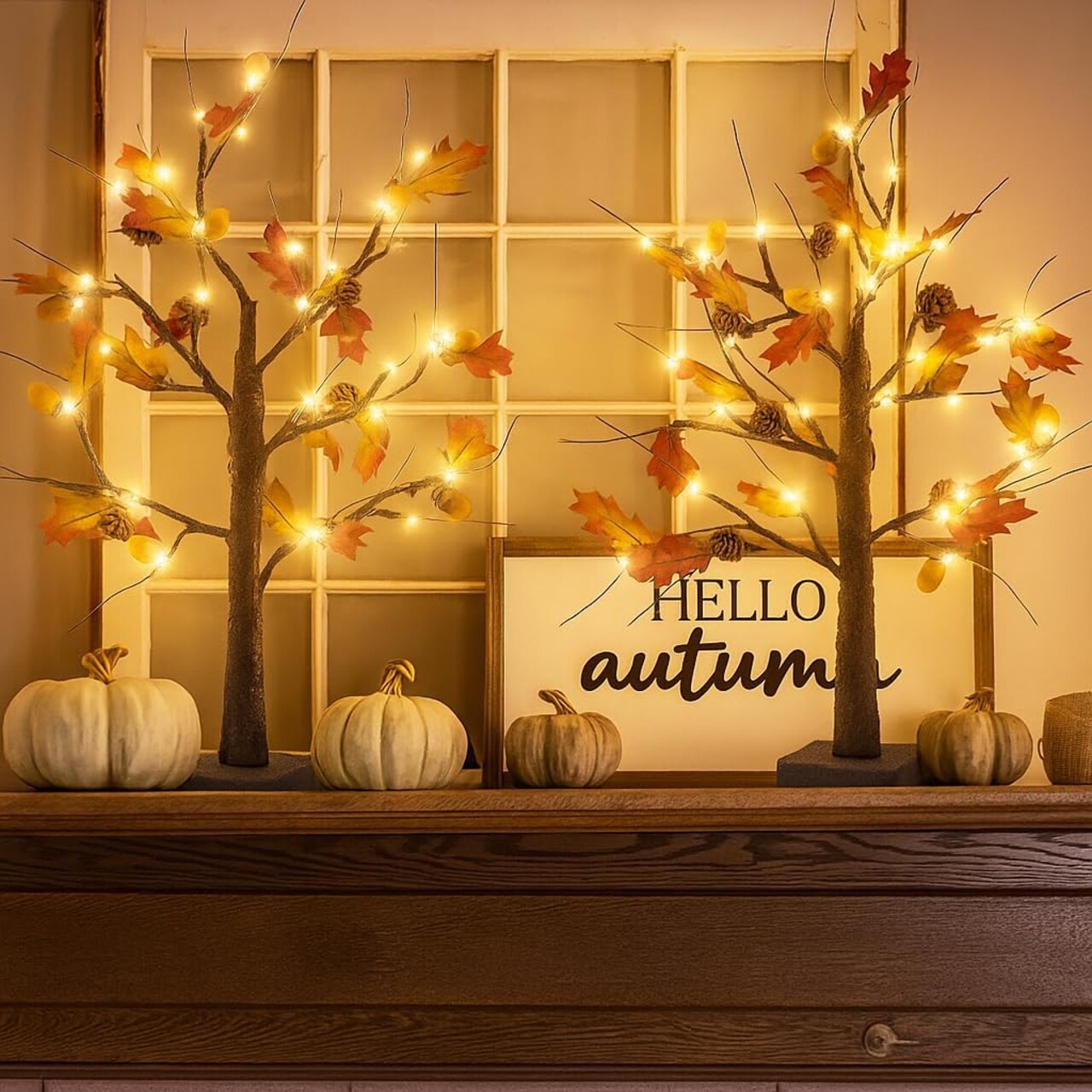 2 Pack Lighted Fall Trees Centerpiece - 24 Inch (Battery Operated)